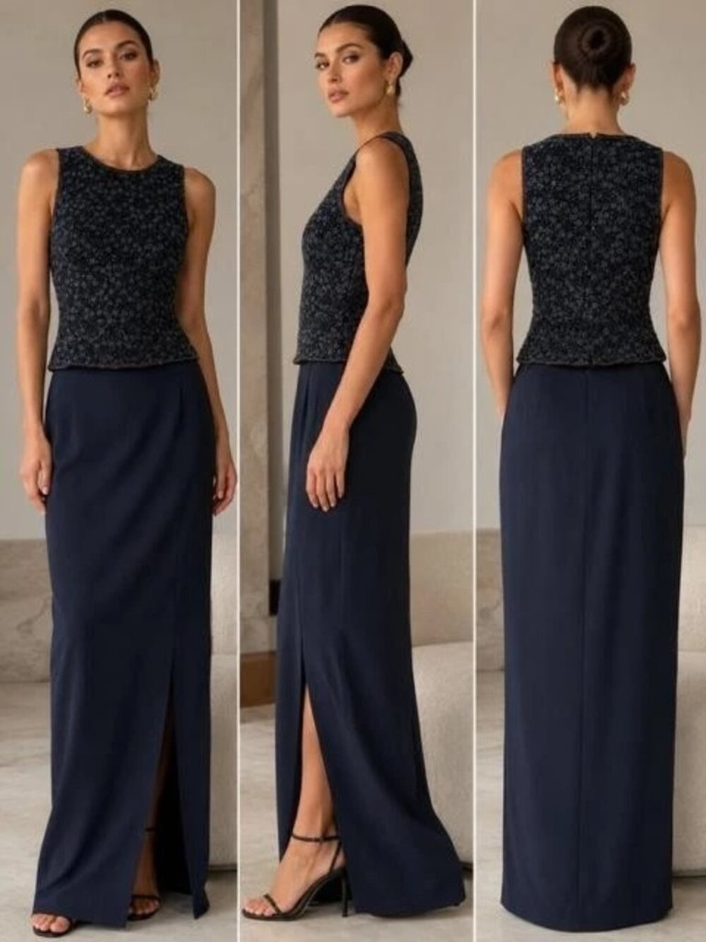 Adrianna Papell Occasions Navy Blue Beaded 2 Piece Gown